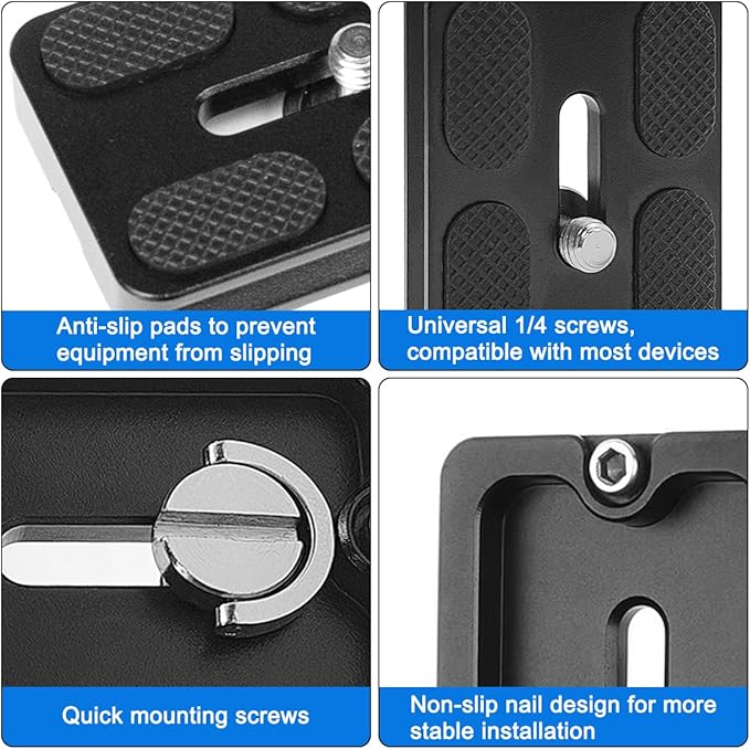 2 PCS Camera PU50 Quick Release Plate + 2 Pcs 1/4"-3/8" Screw, Aluminum Alloy Universal 38mm Camera Plates Mount with 1/4''-20 Screw Fits Arca-Swiss Standard for DSLR Tripod Ball Head, PU-50