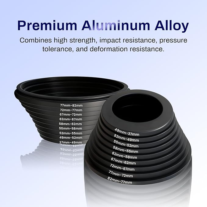 18 PCS Lens Filter Adapter Ring Set, Metal Step Up/Down Ring Adapter Filter Stepping Rings 37 49 52 55 58 62 67 72 77 82mm for DSLR/Digital Cameras & UV/CPL/ND Filters