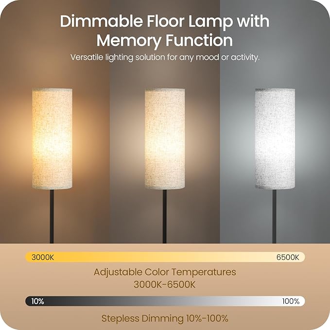 Set of 2 Dimmable Floor Lamps for Living Room with 2 Remotes and Foot Switch, 64.4”Modern Standing Tall Lamp, Corner Lamp for Bedroom, Bulb Included, 3000K-6500K, Beige Shade E06LDP205W1