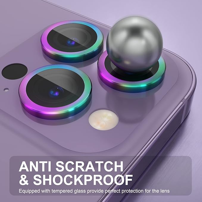 Choiche Compatible for iPhone 14 Pro/iPhone 14 Pro Max Camera Lens Protector, 9H Tempered Glass Camera Cover Screen Protector Metal Ring Decoration Accessories (Colorful)