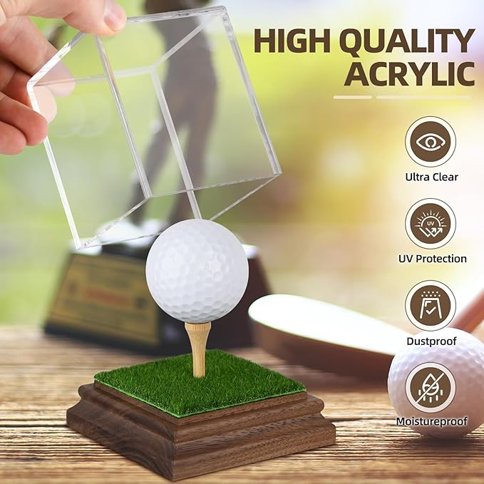 Golf Ball Display Case Hole in One Golf Ball Display Case Holder Wanult Wood Base Acrylic Golf Ball Holder Stand Lifelike Turf Wood Tee Memorabilia Showcase Square Cube Box Stand Golf Gifts Decor