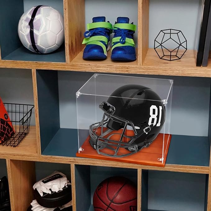 Hooqict Football Helmet Display Case Acrylic Clear with Solid Wood Base UV Protected Full Size Football Helmet Case Display Holder Stand for Hockey Baseball Motorcycle Sports Collections