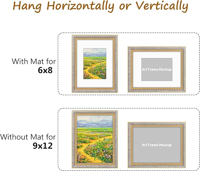 Golden State Art,9x12 Ornate Picture Frame for 6x8 Photo with Mat or 9 x 12 Prints without Mat, Real Glass Wall Display Horizontally or Vertically (Color:Antique Gray Gold)