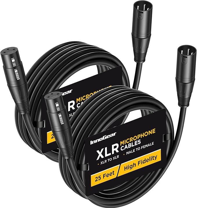 InnoGear XLR Microphone Cables, 25 Feet 2 Pack Oxygen-Free Copper Male to Female 3-Pin Balanced XLR Mic Cables Cord for Speaker Podcast Audio Mixer DMX Effector Amplifier Sound Card, Black