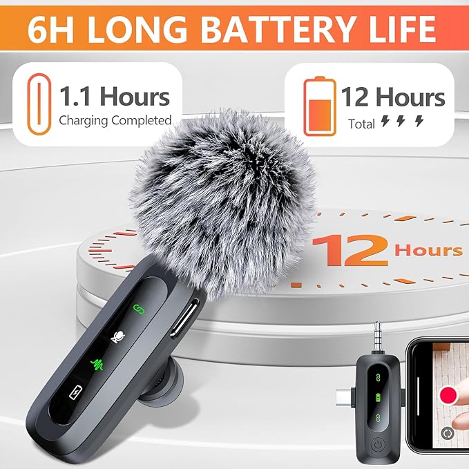 3 in 1 Wireless Lavalier Microphone for iPhone, iPad, Android, Camera, 2 Pack Professional Mini Microphone LED Display Clip on Mic with Noise Reduction for Video Recording TikTok YouTube Vlog