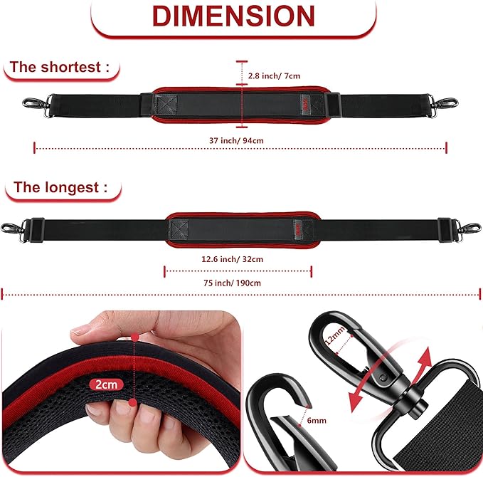 ZINZ 75" Shoulder Strap with Fixed Pad and Dual Balanced Buckles，Black-Red Edge
