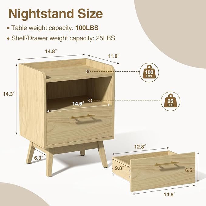 Night Stand with Drawer & Open Storage Shelf, Small Wooden Nightstand with Raised Edge, Mid Century Modern Side Table with Solid Wood Feet, Metal Handle for Bedroom Natural