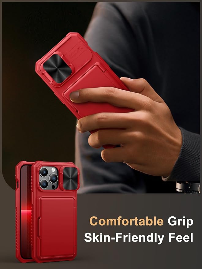 Vihibii for iPhone 13 Pro Case with Card Holder (4 Cards), [RFID Blocking] & Slide Camera Cover, Military Grade Drop Protection, Heavy Duty Shockproof Wallet Case for iPhone 13 Pro, 6.1" 2021, Red