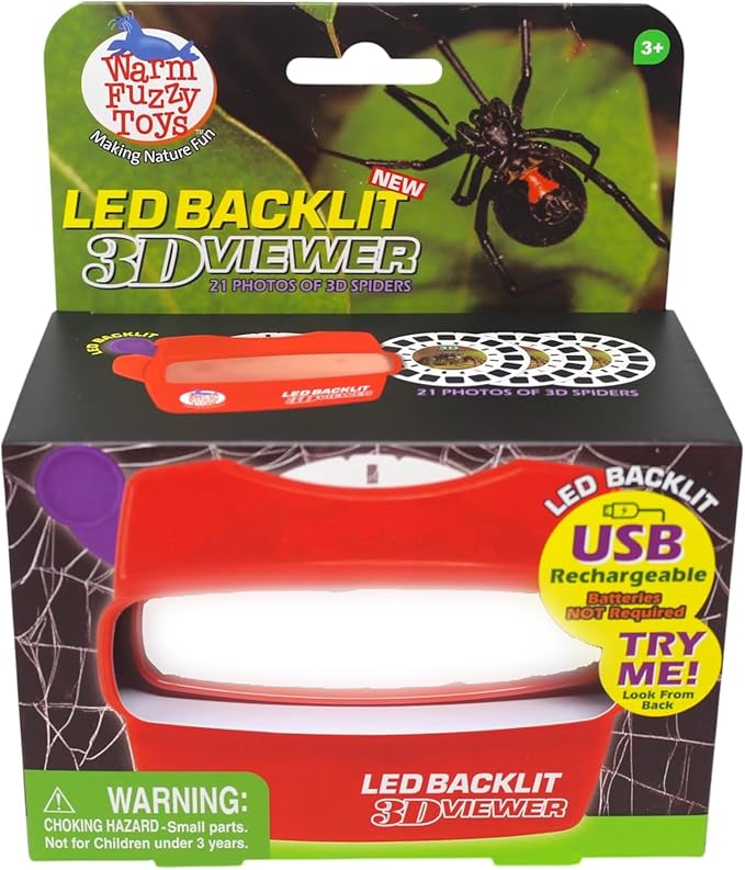 WARM FUZZY Toys LED Backlit 3D Viewer – (Spiders) – New 2025 USB-C Rechargeable Slide Viewer for Kids & Adults Includes 3 Reels with 21 HD 3D Images – Patent-Pending Retro Toy, No Light Source Needed