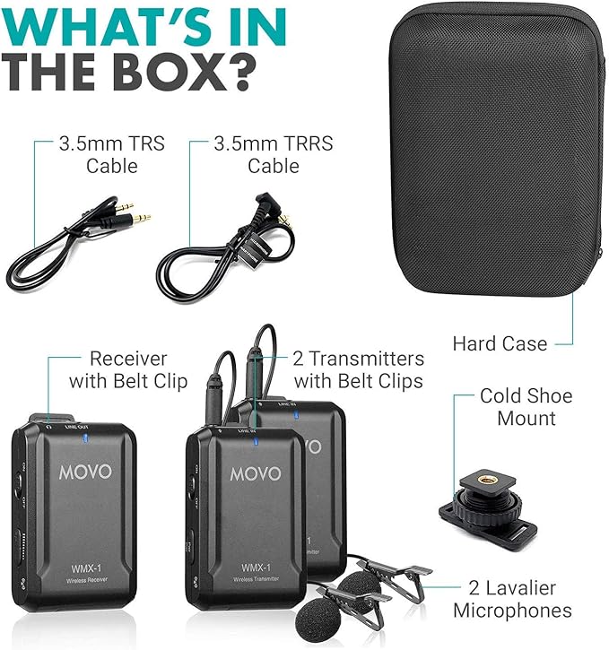 Movo WMX-1-DUO 2.4GHz Dual Wireless Lavalier Microphone System, Compatible with DSLR Cameras, Camcorders, iPhone, Android Smartphones, and Tablets, 200ft Audio Range, Great for Teaching Tutorials