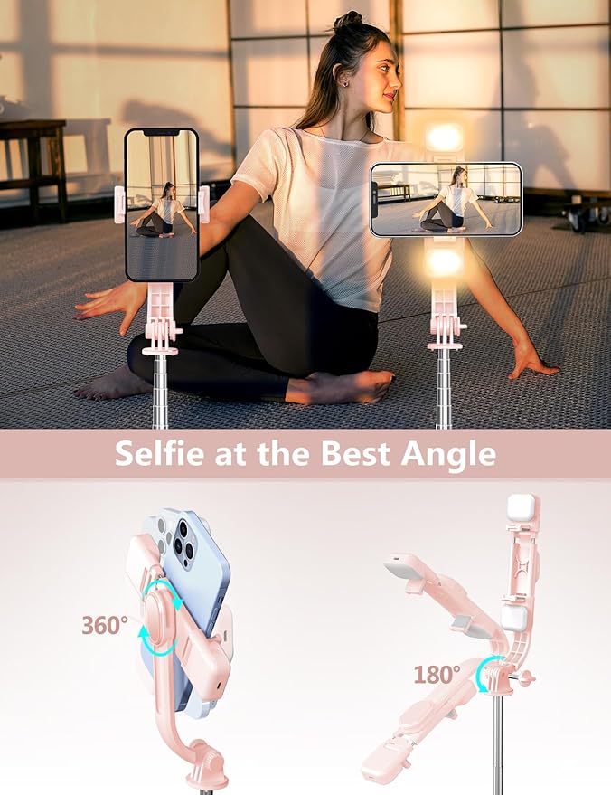 Selfie Stick with Light, 45'' Selfie Stick Tripod with Wireless Remote, Portable Travel Phone Tripod Compatible with iPhone 15 Pro Max/15/14 Pro/14/13, Samsung S22/ S23 Ultra/Android Smartphone (Pink)