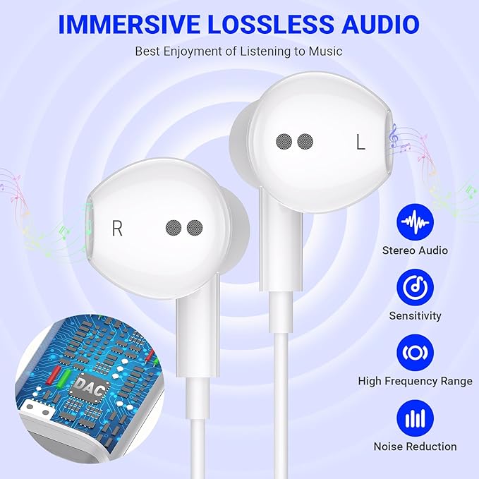 USB C Headphones for iPhone 17 Air 16 Pro Max 15, Type C Earphones with Microphone Magnet HiFi Stereo Wired Earbuds for Samsung Galaxy S26 S25 Ultra S24+ 23 A53 S21 S20 FE Flip 7 Fold/Pixel 10, White
