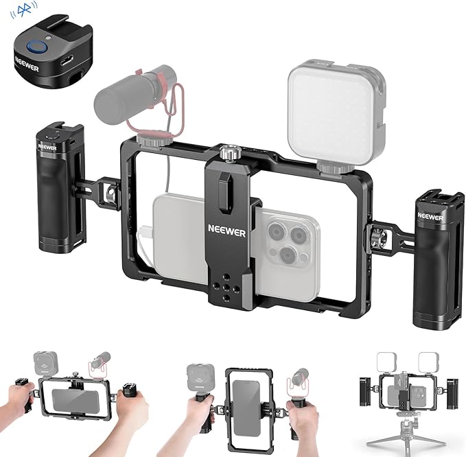NEEWER Universal Phone Cage Video Rig with Bluetooth Shutter Side Handle Comfort Grips, Smartphone Stabilizer for Video Recording Compatible with iPhone 16 15 Pro Max 15 Pro Galaxy S24 Ultra, PA009E