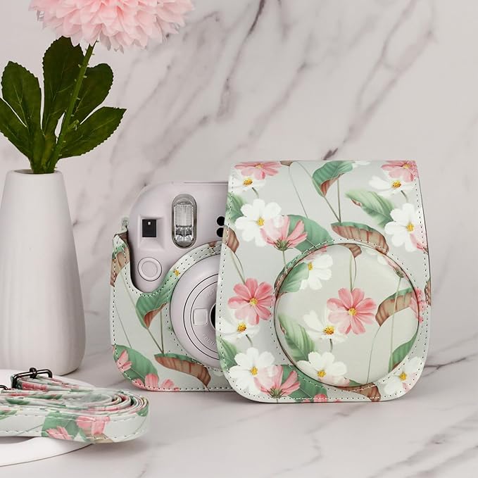 Frankmate Protective Case Fit for Fujifilm Instax Mini 12 11 9 8 Camera, PU Leather Camera Bag with Pocket and Adjustable Shoulder Strap (Retro Daisy)