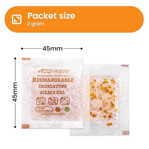 ADSorbco 2 Gram (100 Pack) Silica Gel Packets - Desiccant Packs for Storage, Moisture Absorbers for Food, Rechargeable, Orange-to-Green & White Blend for Food Storage, Electronics, Jewelry, Safes