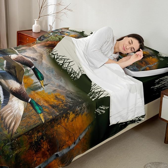 Erosebridal Duck Hunting Sheets Wild Animal Mallard Duck Bed Sheets Hunting Theme Fitted Sheet Dog Hunter Flat Sheet Wildlife Flying Duck Bedding Sets Dog Rustic Farmhouse Sheets Twin Size 3 Pcs