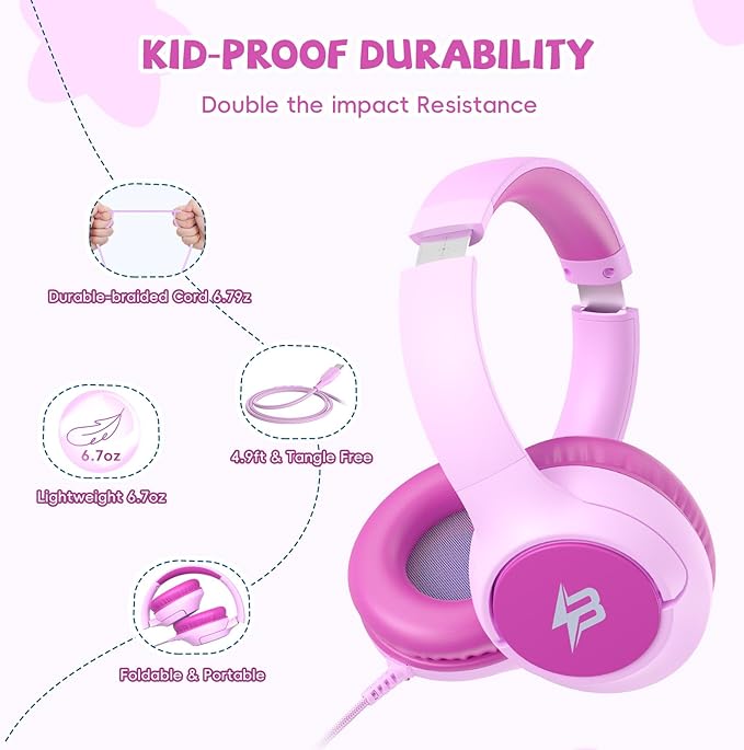 Kids Headphones Wired with USB C Plug, 85/94 dB Volume Limit, USB Type C Headphones for Kids Boys Girls, Foldable Stereo Sound Over Ear Wired Headphones for School/Tablet/Travel, Fuscia Pink
