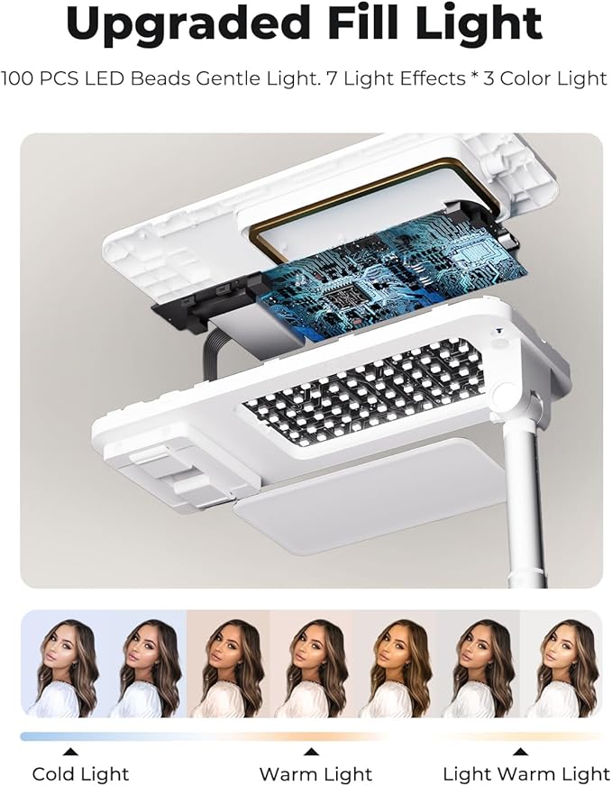 Phone Stand for Recording, Overhead Phone Mount with Light, Selfie Stand,Portable,Extendable,360° Rotate,Adjustable,Wireless Remote,Rechargeable, for 3.5-6.9" Phones, Live Streaming, White