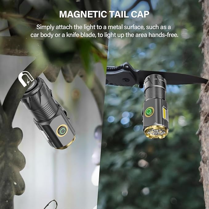 Rechargeable mini LED Flashlight, 9000 lumens Ultra Bright Small Flashlight, with Clip and Magnet, IPX6 Waterproof, 6 Modes, Suitable for Camping, Hiking, and Emergency situations (2-Piece Set)