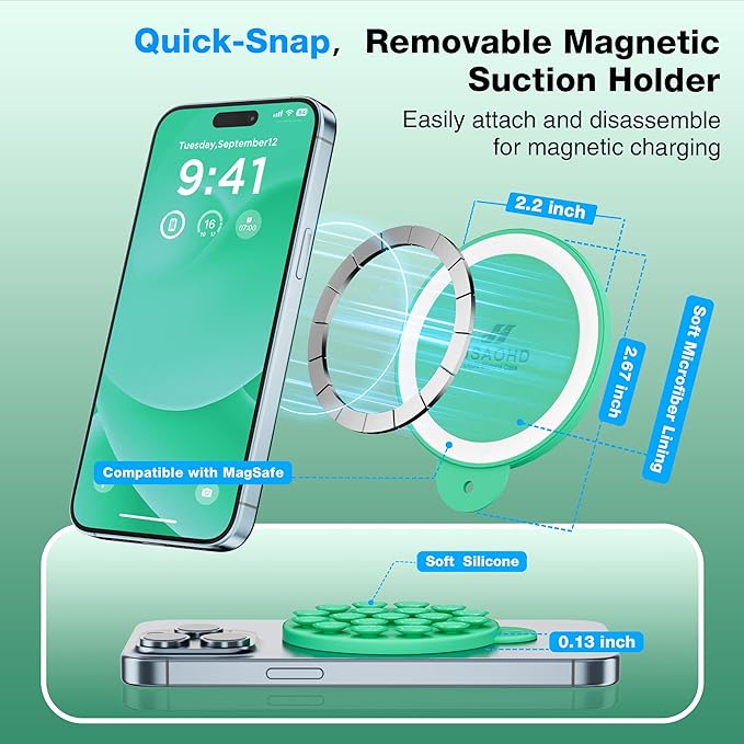 Magnetic Suction Cup Phone Mount, Compatible with MagSafe, Silicone Octo Cup Buddy Sticky Grip Holder for iPhone and Android, Removable Hands-Free Selfie/Video for TikTok, Emerald Green