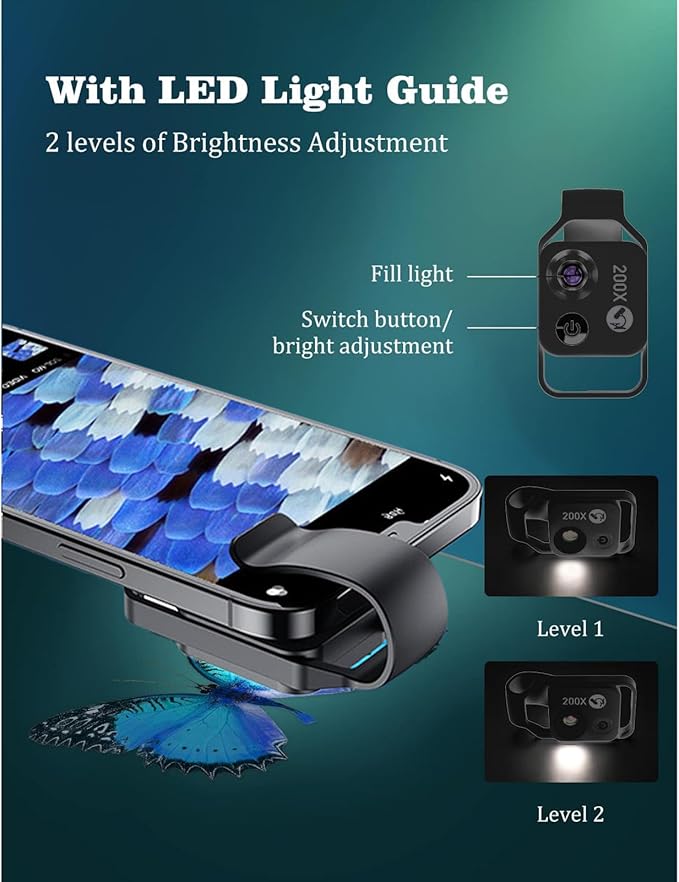 FLEXMAN 200X Phone Pocket Microscope with CPL Lens, USB Rechargeable Portable Digital Microscope Camera Attachments with Universal Phone Clip for Smartphones, Gardener, Watch, Jewelry(Black)