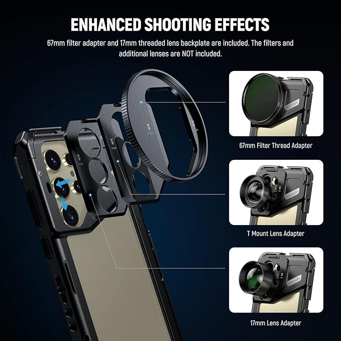 NEEWER S24 Ultra Phone Cage with 67mm Filter Adapter, 17mm Lens Backplate, T Mount Lens Adapter, Smartphone Video Rig Stabilizer Compatible with Samsung Galaxy Moment T Series Lenses, PA042