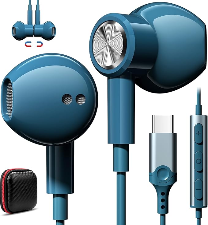 USB C Headphones with Microphone for iPhone 17 Pro Max 17e 16e 16 15 Plus,Type-C Headphones for Google Pixel 10a Wired Earbuds Magnetic Sport Earphone for iPad/OnePlus 15/Samsung S26 S25 Flip 6 Fold 7