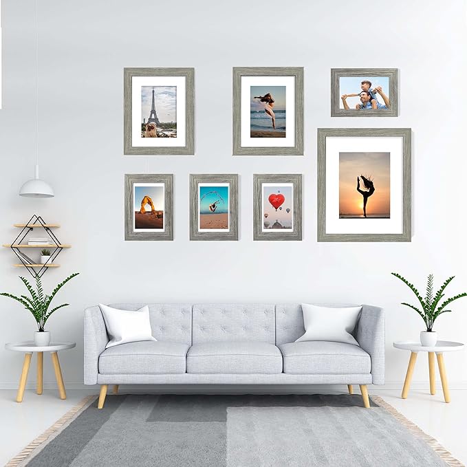 11x14 Picture Frame Set of 4, Made of Real Glass and Grey Wooden Frame, Display 8x10 Pictures with Mat or 11 x 14 Posters without Mat for Wall Mounting, Gallery Photo Frames