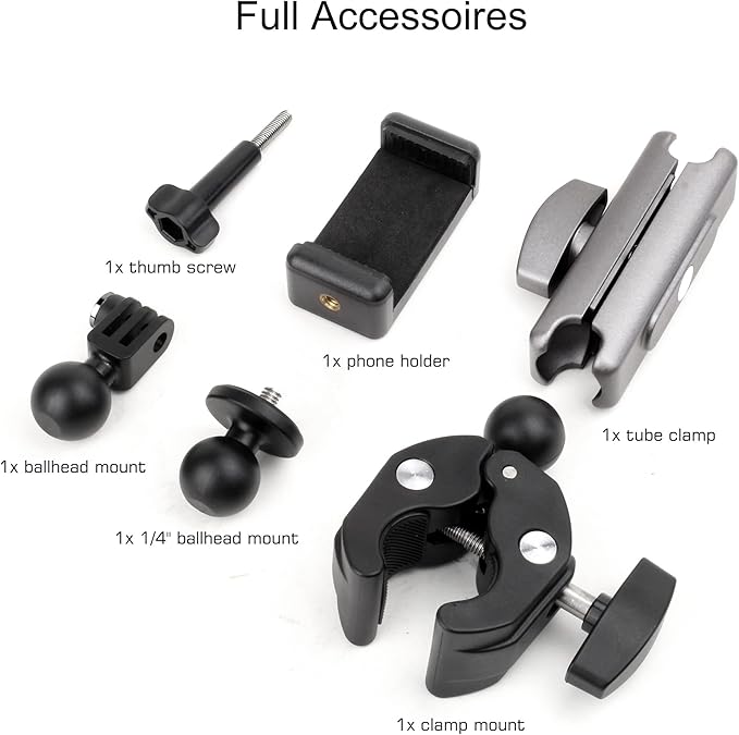 GEPULY Super Camera Clamp Mount for GoPro Insta360 - Dual 360° Ball Head Magic Arm Adapters with 1/4''-20 Screw, Phone Tripod Holder Mount for Bike Handlebar Fence Desk Tree Pole LED Light