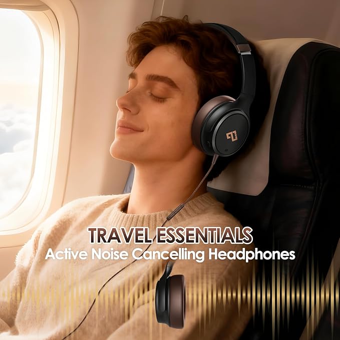 USB C Headphones Wired Headphones Over Ear with HD Mic, Foldable Active Noise-Canceling Headphone for iPad/Sports/School/Travel/iPhone 17/16/15, Samsung S25/S24, Google Pixel 9,Ideal Gifts-Brown