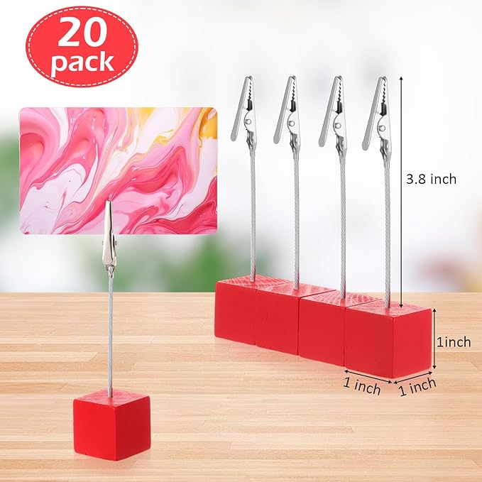 Gersoniel 20 Pcs Cube Base Memo Clip Holder with Alligator Clip Wood Table Number Holder Cube Base Place Card Stand Mini Photo Menu Stand for Displaying Number Card (Red)