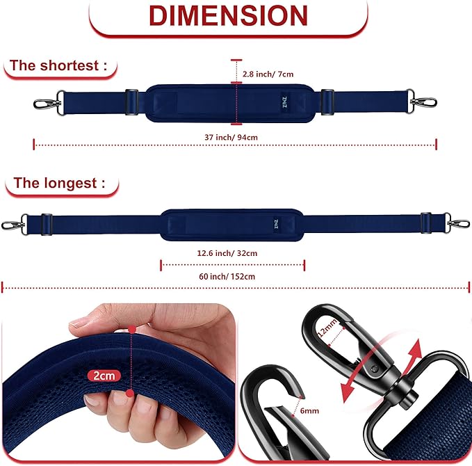 ZINZ 60" Universal Bag Strap with Ultra-thick Fixed Breathable Pad Adjustable Heavy-duty Shoulder Strap for Laptop Crossbody Luggage Gym Camera Bag and more -D01B01