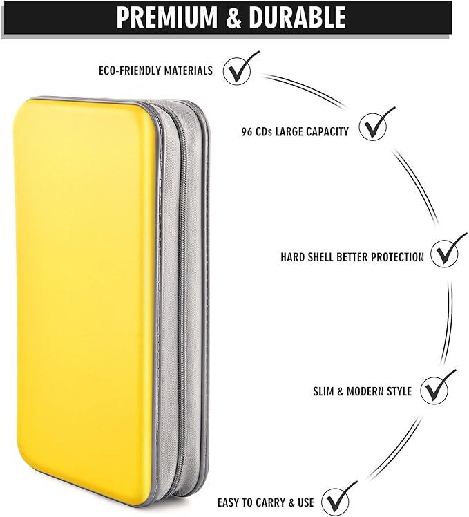 DVD Case, Bivisen CD Case Holder Wallet Binder 96 Capacity CD/DVD Cases Storage Holder Binder Organizer Wallet Book for Car Home Travel (Yellow)