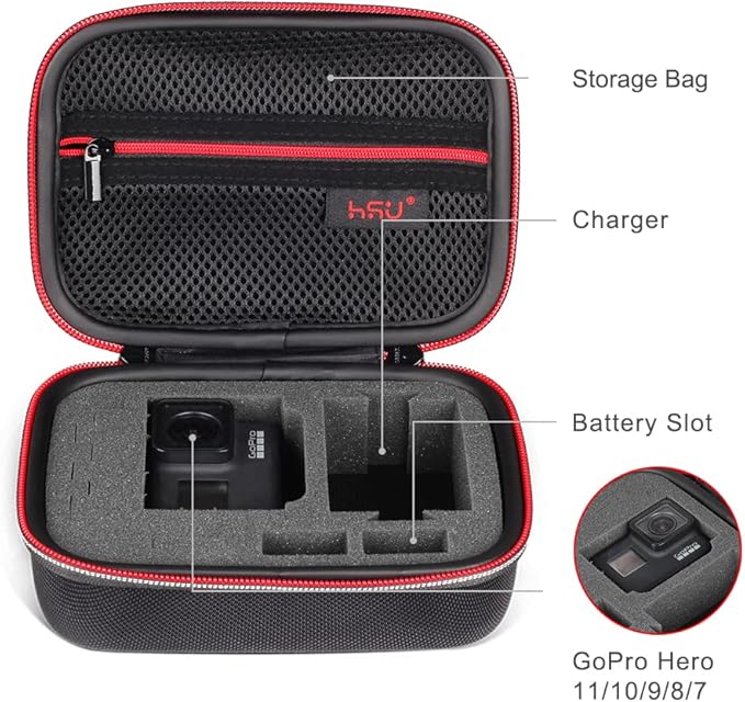 HSU Small Case for GoPro Hero 13/12/11/10/9/8/7/6/5 Black, Carrying Case for Action Cameras and GoPro Accessories(Small Size Red)