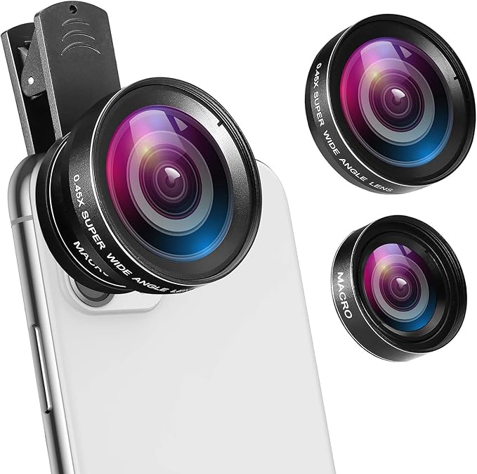 (Upgraded) Phone Camera Lens, 0.45X Super Wide Angle Lens, 15X Macro Lens, Clip-On 2 in 1 Professional for iPhone Lens Kit for TIK Tok, Vlog, Yotube, Compatible with iPhone, Samsung, Google Pixel
