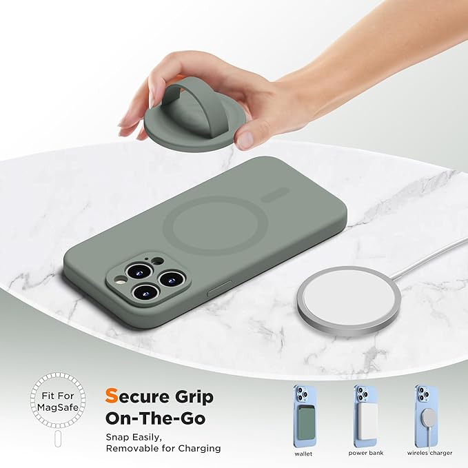 Upgraded Magnetic Phone Grip, Liquid Silicone Soft and Portable, Removable Finger Loop Ring Grip Holder for iPhone, Strong Magnetic Attraction, Compatible with MagSafe Phone Case, Calke Green