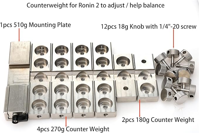 HangTon Counterweight Set for DJI Ronin 2 Gimbal, Balance Adjusting Front-Heavy Camera, 180g 270g, Mounting Plate, Knob 1/4"