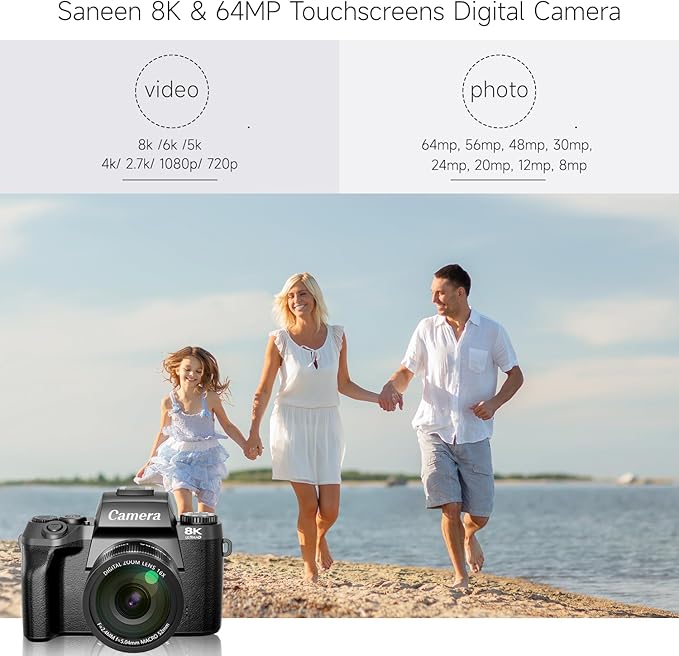 8K Digital Cameras for Photography, 64MP Vlogging Camera for YouTube with 4" Touch Screen, Dual Front/Rear Cameras with LED Fill Light, 3000MAh Battery, Lens Hood, Hot Shoe & 32GB TF Card