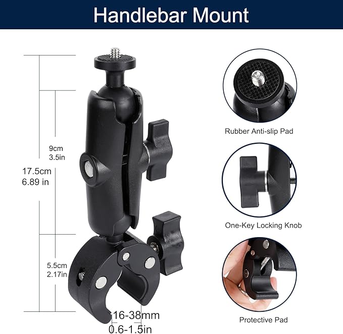 PellKing Camera Motorcycle Mount for Insta360 X5/X4/X3/X2,Double Super Clamp Mount Umbrella clamp Holder for Monitor Bracket Magic Socket Arm with 1/4 Thread for Moto Bike Bicycle Handlebar