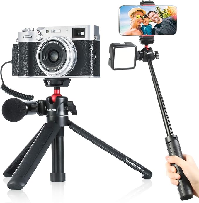 Ulanzi MT-16 Camera Tripod Stand Holder, Mini Tabletop Tripod Selfie Stick with Cold Shoe + ULANZI Smartphone Video Rig with Handles
