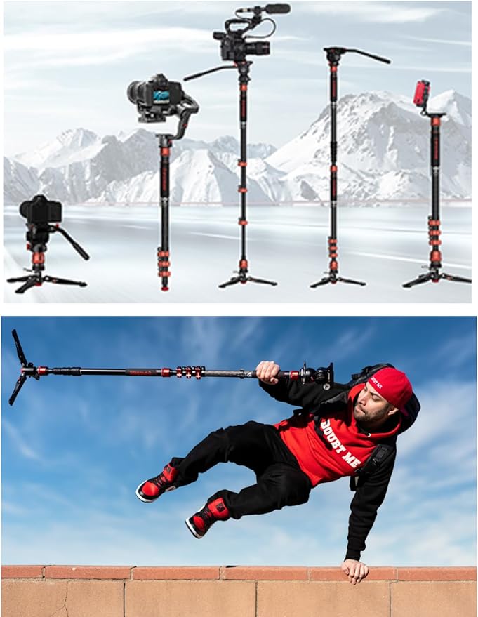IFOOTAGE Monopod Cobra 3 C180F-P, 71" Monopod for Camera Carbon Fiber Monopod Camera Stand with Feet, Compatible with Sony Canon Nikon DSLR Camera, Payload 17.64Lbs/8KG