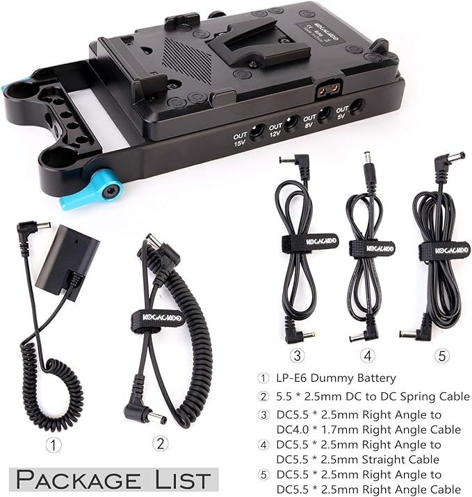KOCACKOO V-Mount Lock Battery Plate Power Supply Splitter Adapter with 15mm Rod Clamp + LP-E6 Dummy Battery for BMPCC 4K/6K、DSLR RED Cameras、Camcorders、Canon 5D2/5D3/5D4/6D/6D2/7D/7D2/70D/80D/5DSR