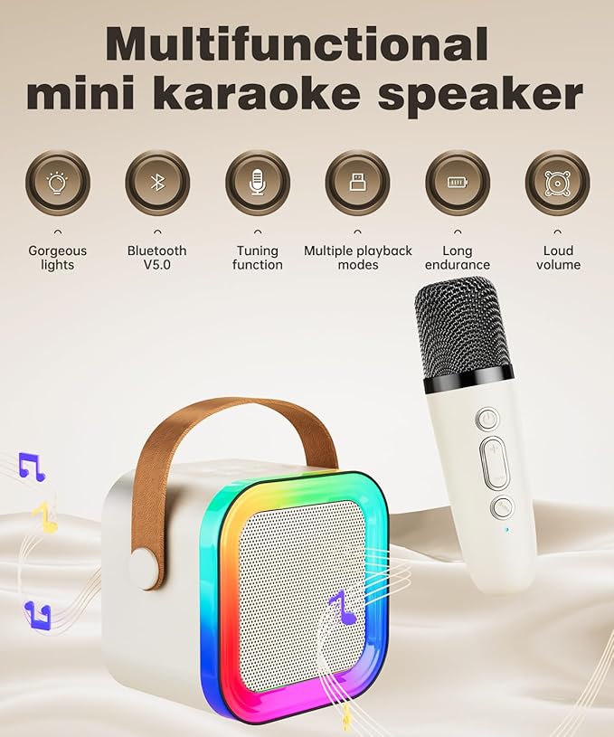 Mini Karaoke Machine Speaker for Kids Adults,Portable Bluetooth with 2 Wireless Microphones,Christmas Birthday Gifts Toys Girls Boys Ages 4, 5, 6,7, 8,9,10,11,12+ Years Old Toddler (Off-White - 2 Mic)