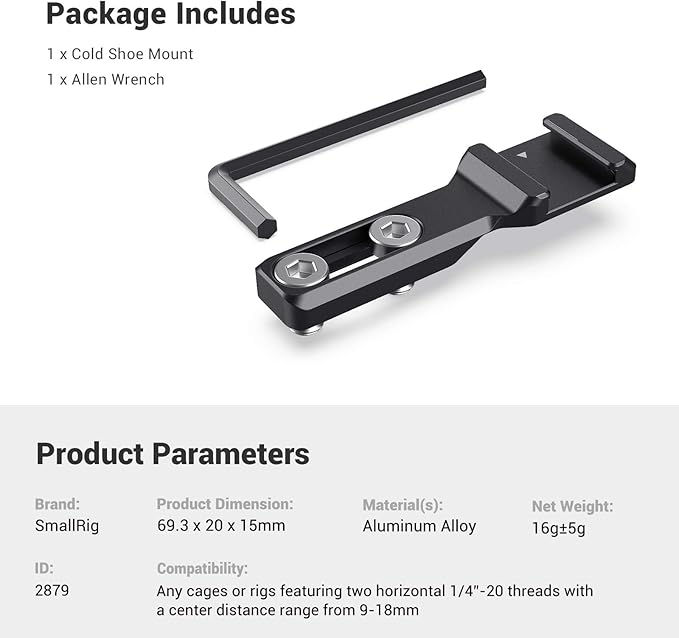 SMALLRIG Cold Shoe Extension, Outrigger Shoe Mount Adapter for Microphone, EVF and Camera Accessories - 2879
