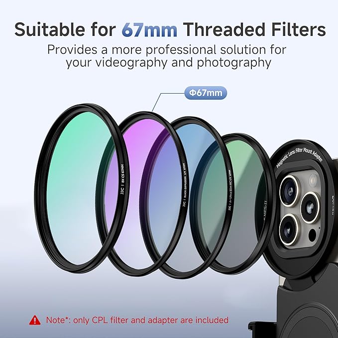 JJC 67mm CPL Filter for iPhone, Magnetic Circiular Polarizer Lens Filter Adapter Kit Compatible with iPhone 16 15 14 Pro Max Plus with 1/4” Screw & Shoe Mount for Vlogging Video Recording TikTok
