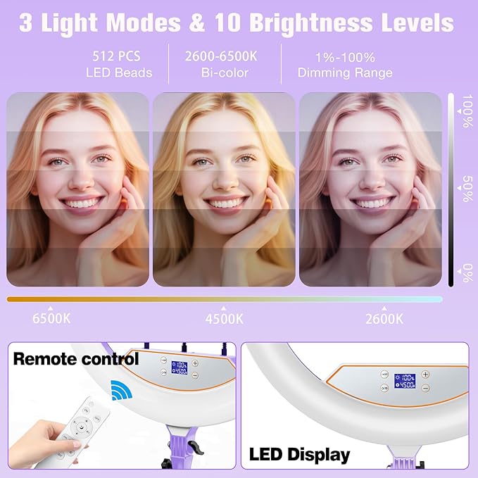 22"Ring Light with Stand,Ring Light Tripod for iPhone ipad,with 75"Tripod/LCD Display/4 ipad iPhone Clips/2 USB Ports,2600K-6500K Color Temperature,for Barber Makeup Tattoo TikTok Video Recording Vlog