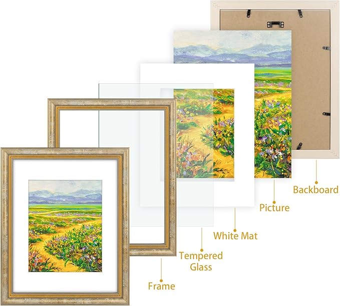 Golden State Art,11x14 Ornate Picture Frame for 8x10 Photo with Mat or 11 x 14 Prints Without Mat, Real Glass Wall Display Horizontally or Vertically (Color:Vintage Gold)