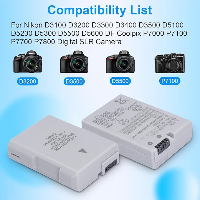 EN-EL14 EN-EL14A Battery 2 Pack 1230mAh with MH 24 Quick Charger for Nikon D3100 D3200 D3300 D3400 D3500 D5100 D5200 D5300 D5500 D5600 P7000 P7100 P7700 P7800 Camera Power Supply Cord