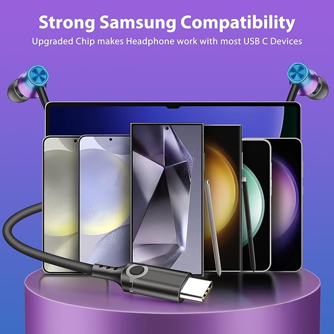 Jiunai USB C Earbuds for Samsung S24, Wired Headphone with USB C Plug in Ear Magnetic Stereo Remote Control Corded Type C Earphones for iPhone 17 16 15 Galaxy S26 S25 S23 for iPad Pro Gradient Purple