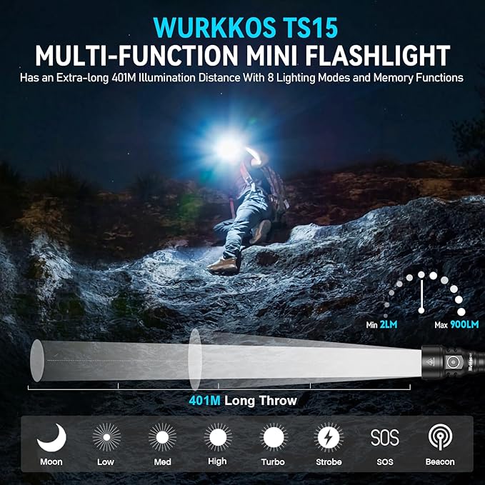 Wurkkos TS15 Mini AA Flashlight 900 Lumen, LED Rechargeable Flashlight with 401m Beam Distance, Compatible with AA Batteries, Compact & Bright Pocket Flashlight for Camping, Hiking, Emergency